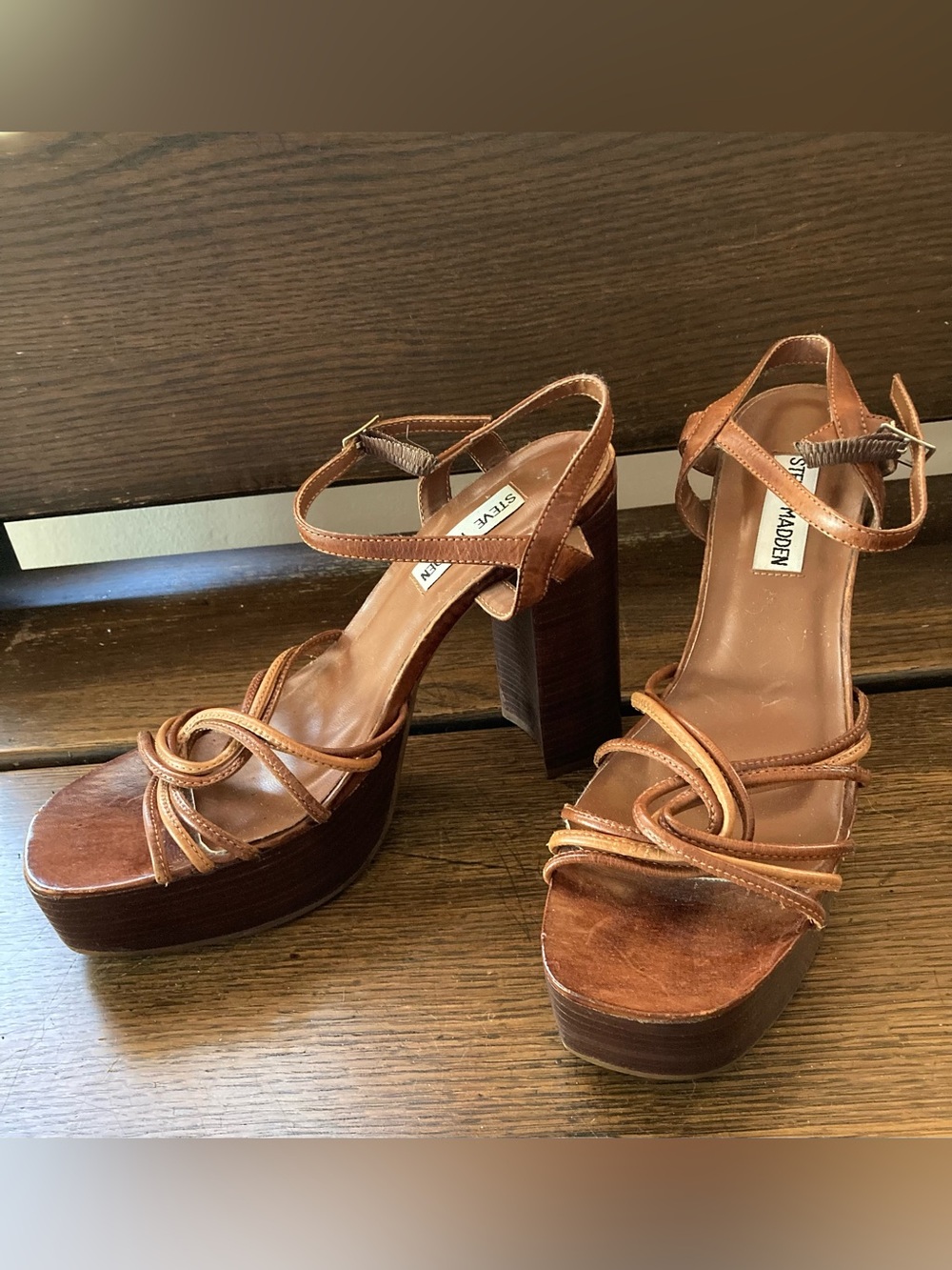 Steve Madden Vintage Y2K Brown Leather Strappy Platform Block Heel Sandals 9B